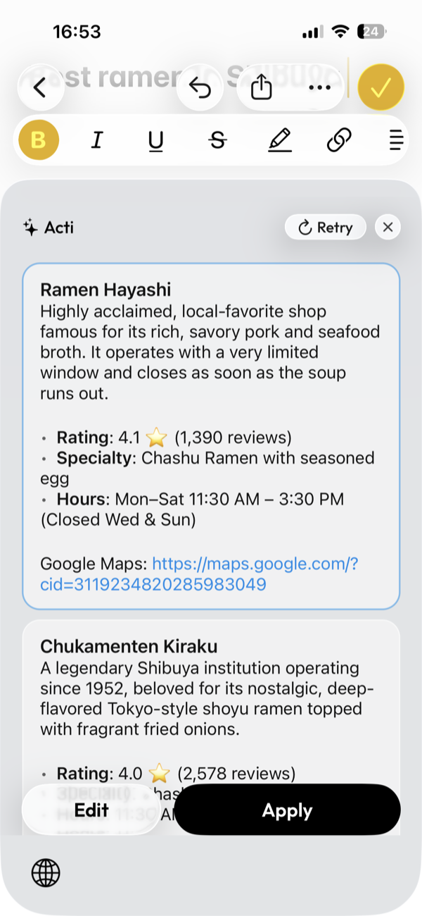 Acti の窓に、Ramen Hayashi と Chukamenten Kiraku の2軒の情報が出ている。下に Edit と Apply のボタン、右上に Retry