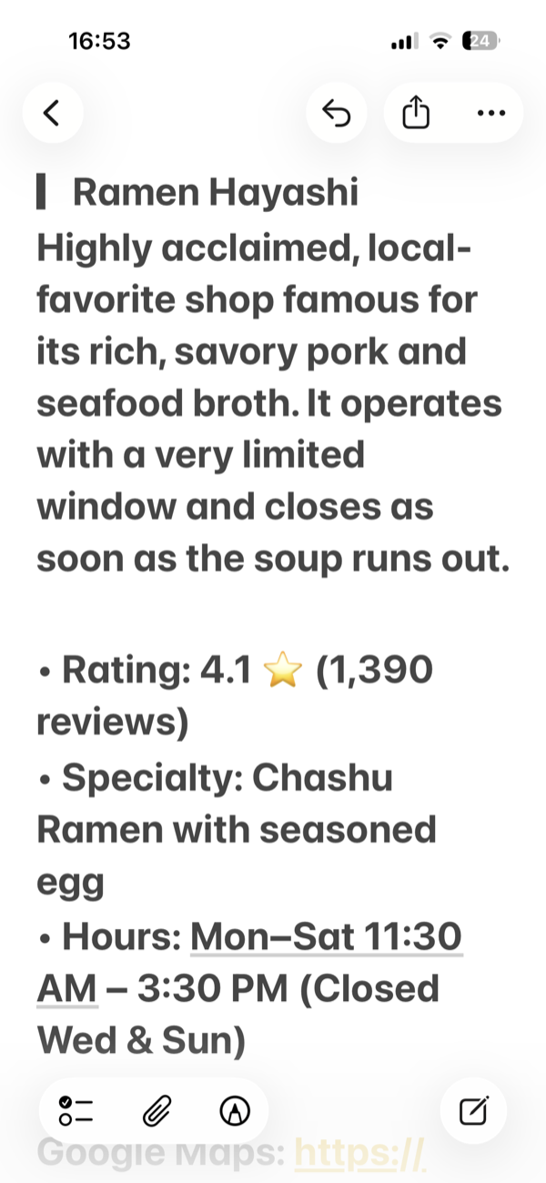 メモの中身が、Ramen Hayashi の紹介と評価・名物・営業時間・Google マップのリンクに置き換わった状態