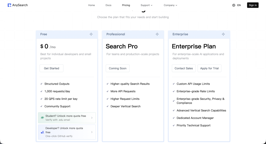 AnySearch の料金ページ。左から Free、Search Pro、Enterprise Plan の3つが並ぶ