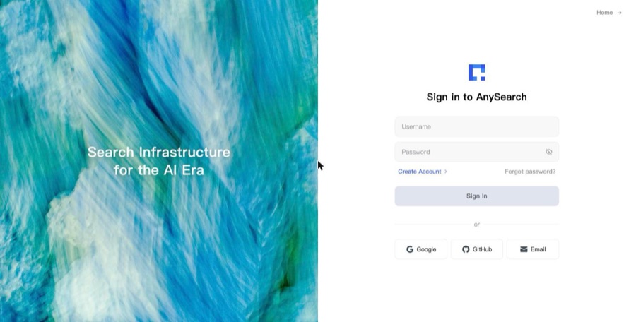 AnySearch のログイン画面。ユーザー名とパスワードの欄の下に、Google・GitHub・Email のボタンが並ぶ