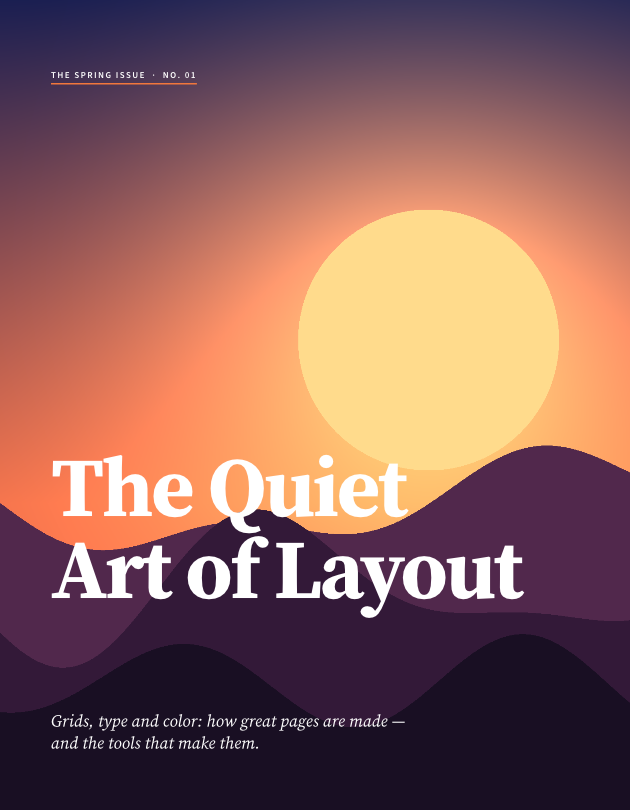 DesignCraftが書き出した同梱サンプル雑誌の表紙。夕焼けと山並みのイラストに「The Quiet Art of Layout」の見出し