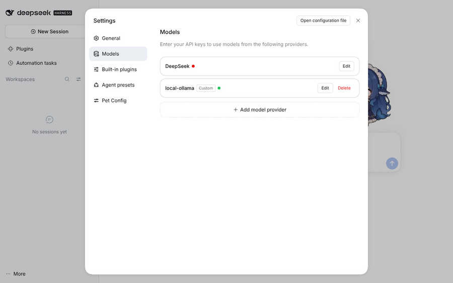 Settings の Models 画面。DeepSeekの下に local-ollama(Custom)が緑のインジケータ付きで追加されている