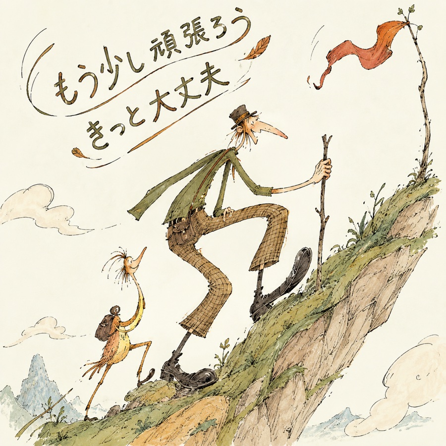 ChatGPTで生成した絵。「もう少し頑張ろう きっと大丈夫」の文字が左上に手書き風で入り、帽子の細長い男と黄色い鳥が旗の立つ坂を登っている