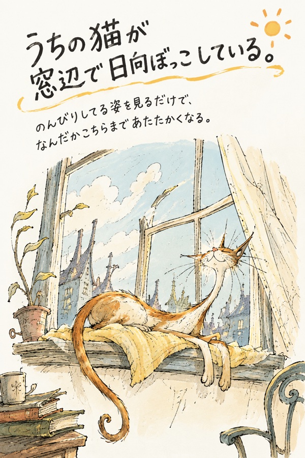 ChatGPTで生成した絵。縦長のカードで、上に「うちの猫が窓辺で日向ぼっこしている。」の見出しと補足の一文、下に窓辺で伸びをする猫