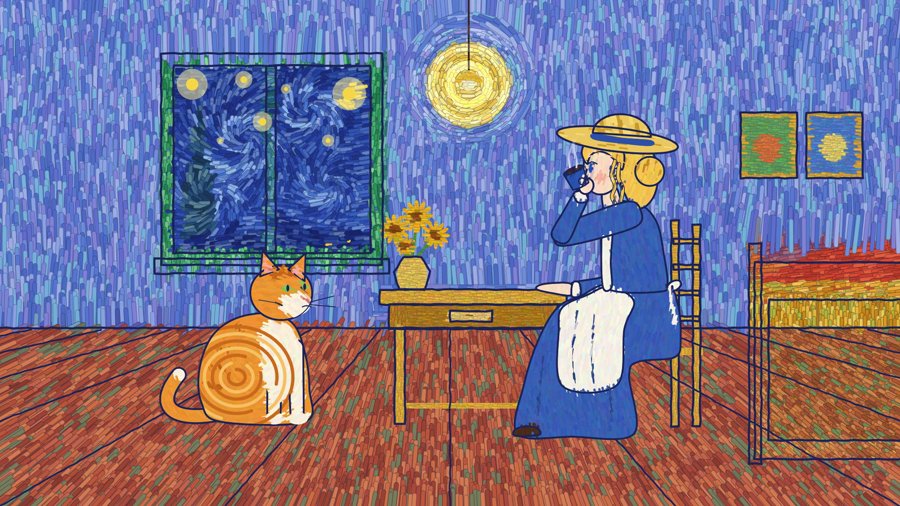 ゴッホ風アニメーションの1場面目。橘色の猫がいる寝室の絵