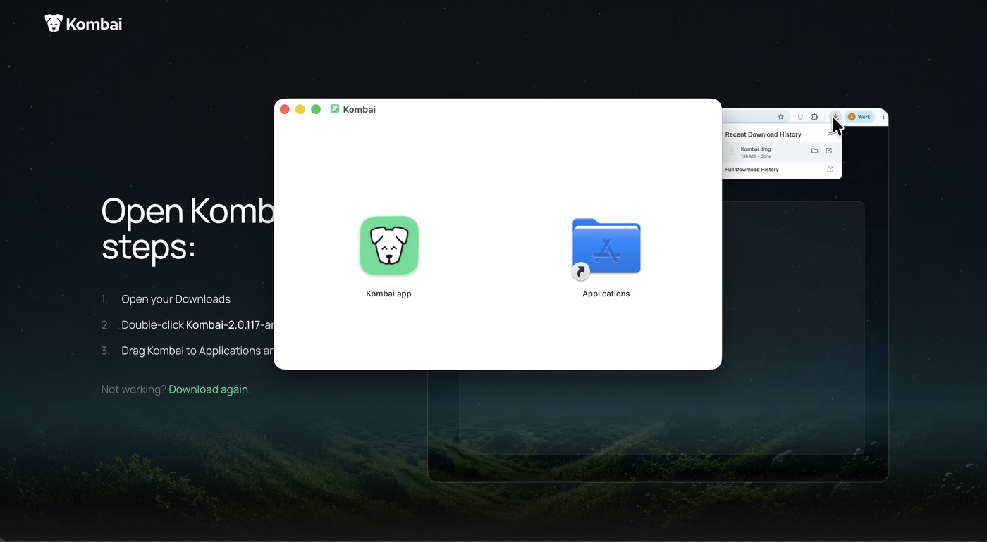 .dmg を開いた窓。Kombai.app と Applications