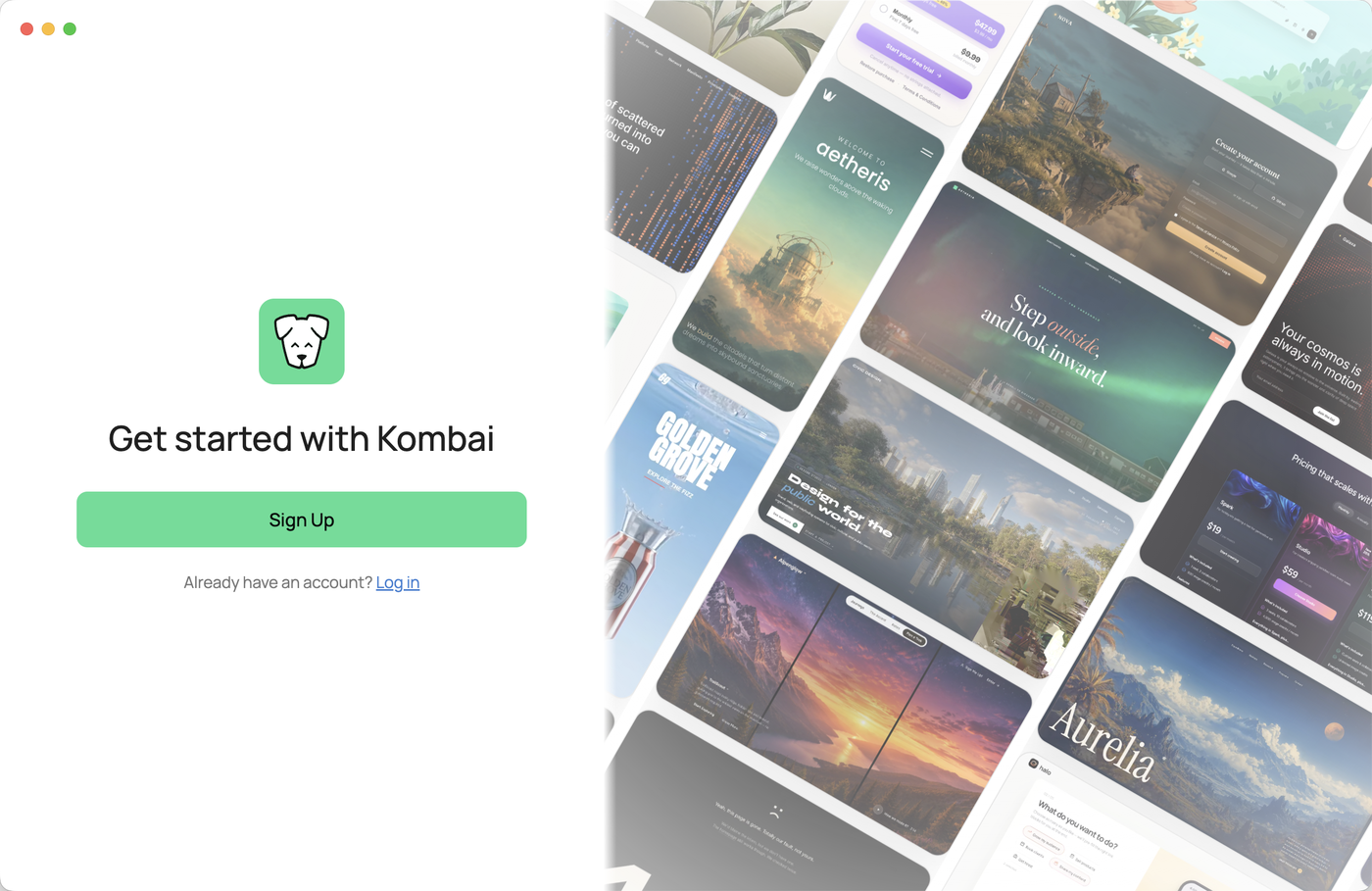 アプリ側の Get started with Kombai。Sign Up と Log in