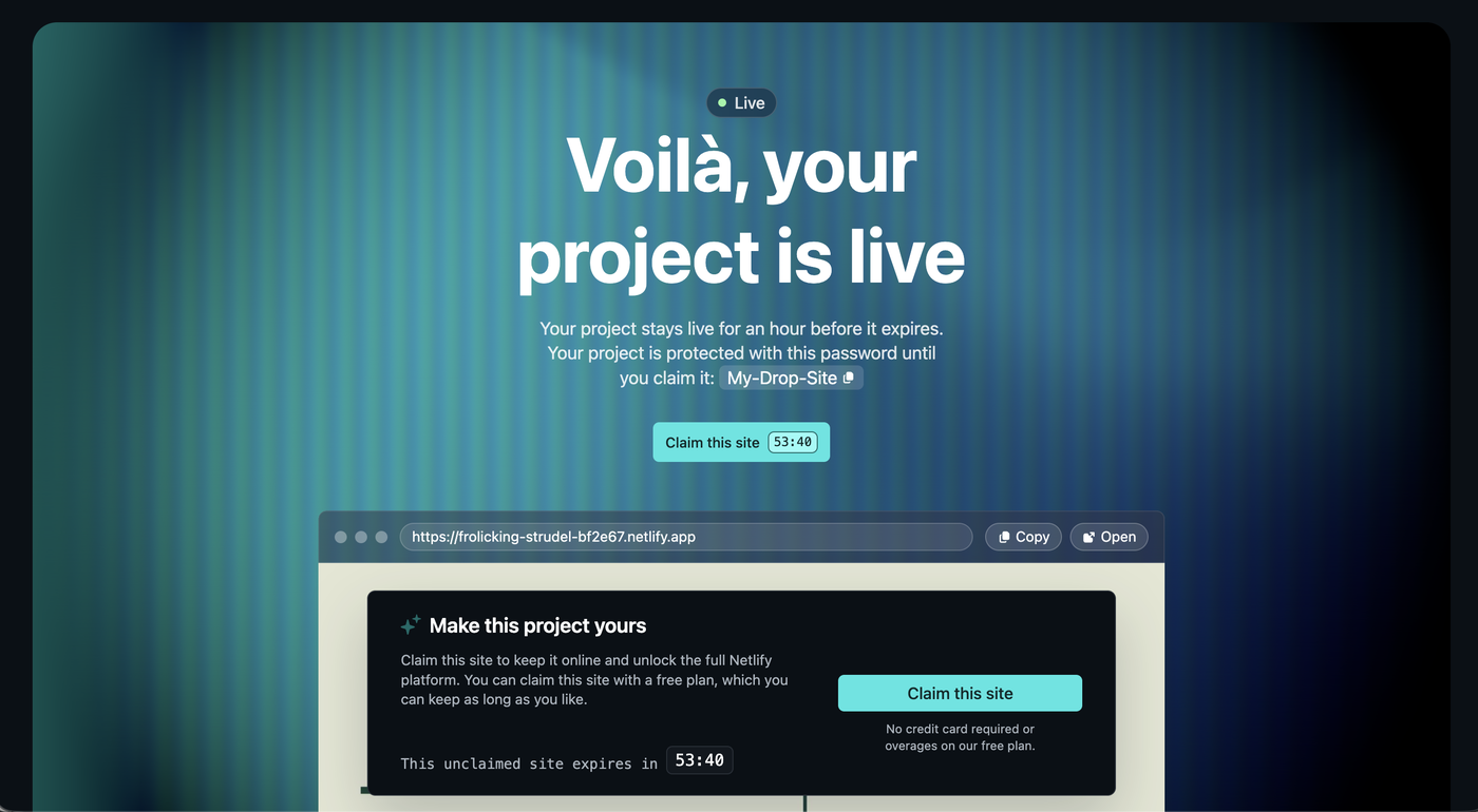 Voilà, your project is live。1時間の残り時間と、パスワード My-Drop-Site
