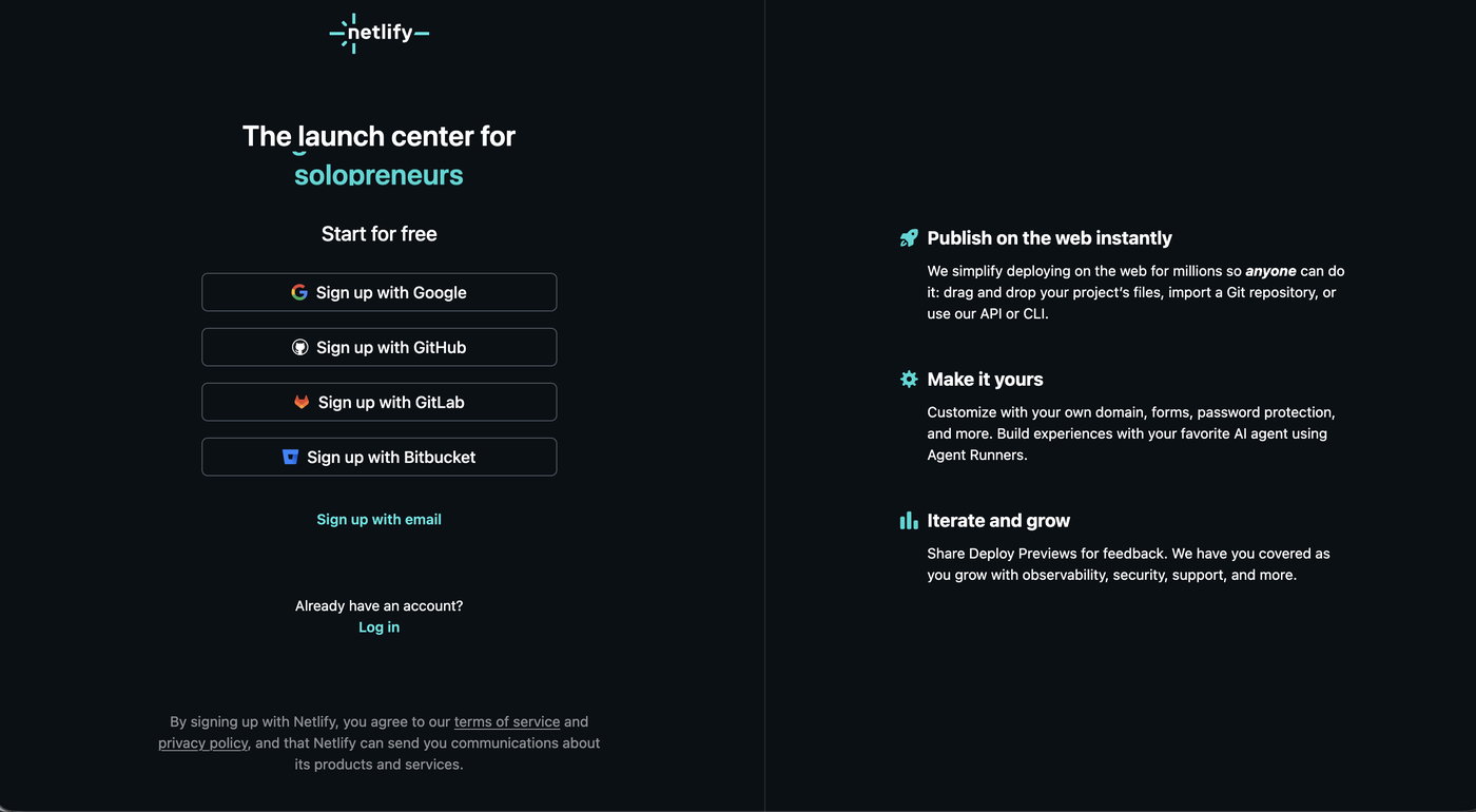 Netlify の登録画面
