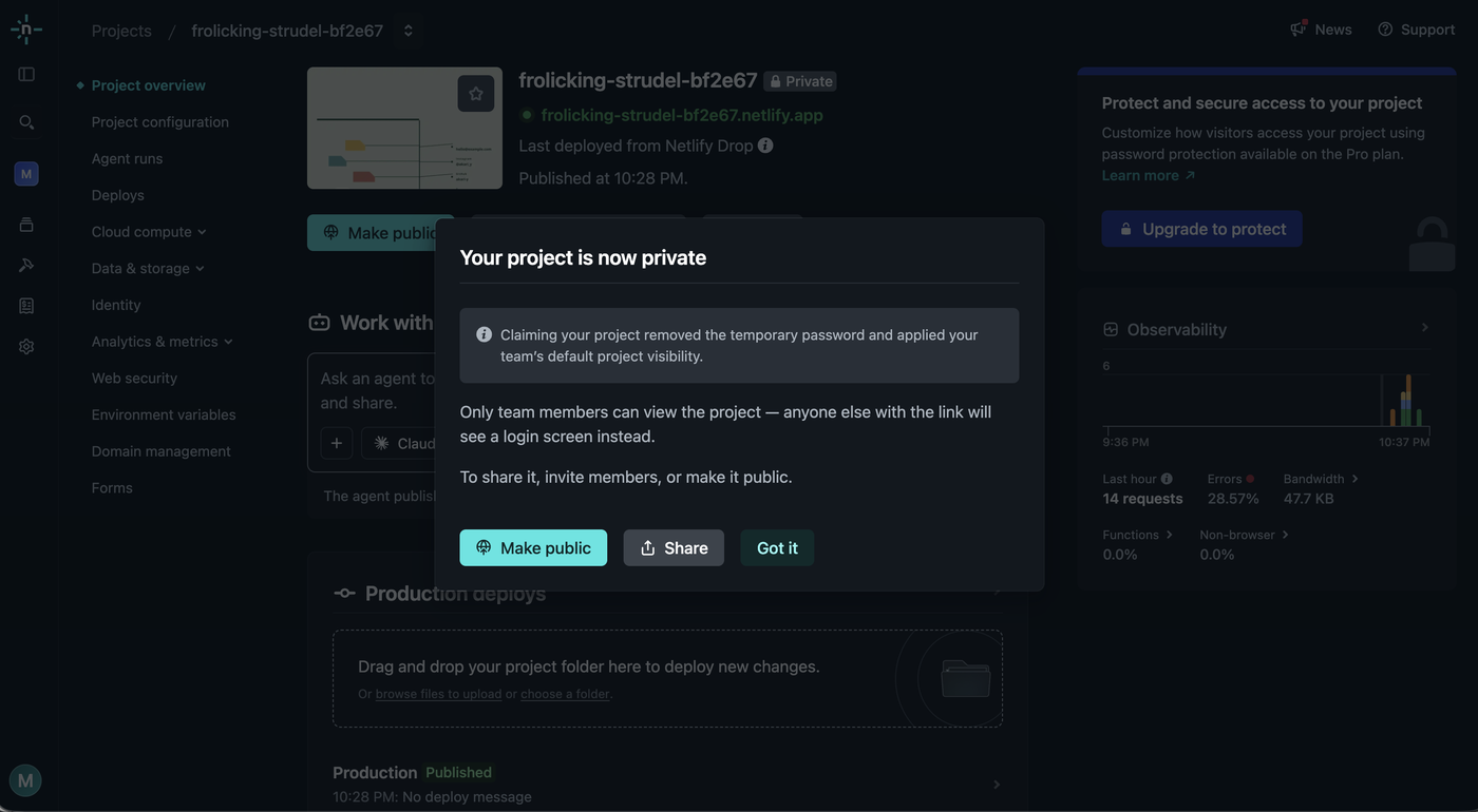 claim した直後の「Your project is now private」
