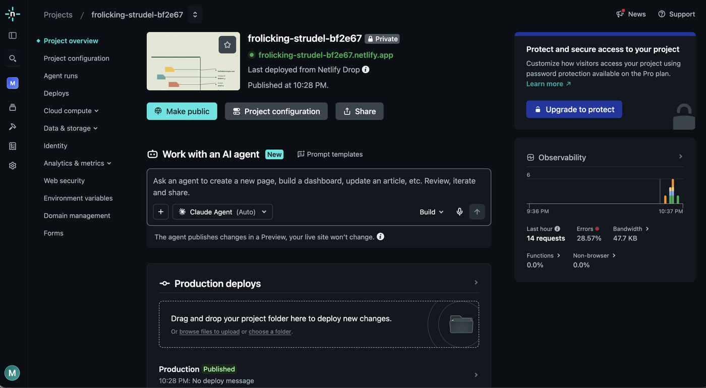 サイトの管理画面。Make public と、更新用のドロップ枠