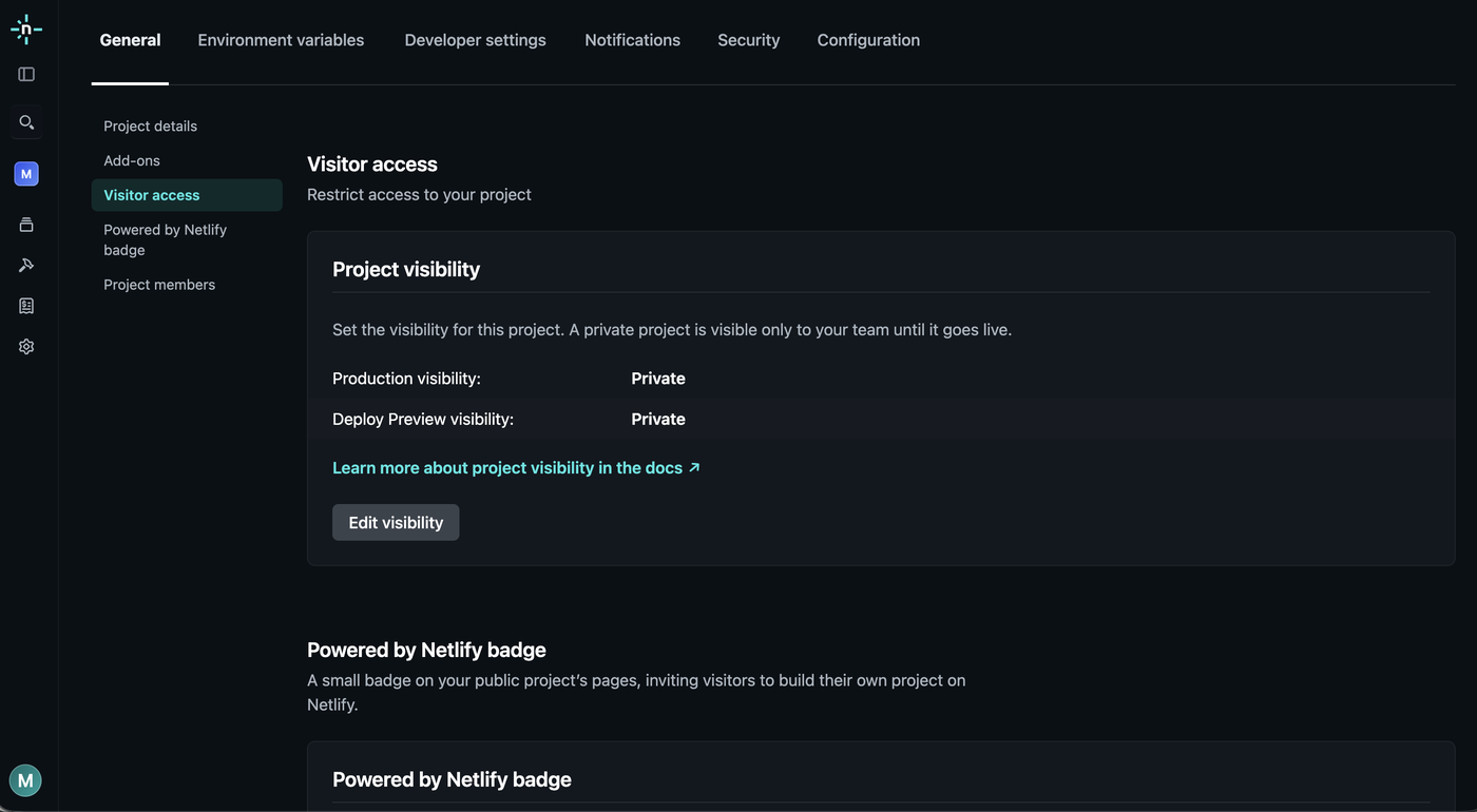 Production visibility が Private になった画面