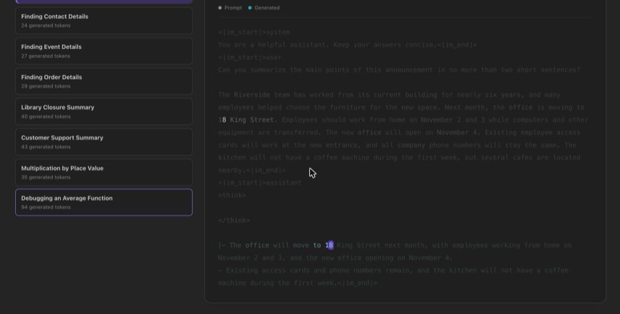 明るく残った語が、その語を書くときに見ていた場所。例えば Office Move Summary で生成側の 18 に合わせると、本文の 18 King Street が明るくなる。登録やサインインは一度も求められない。