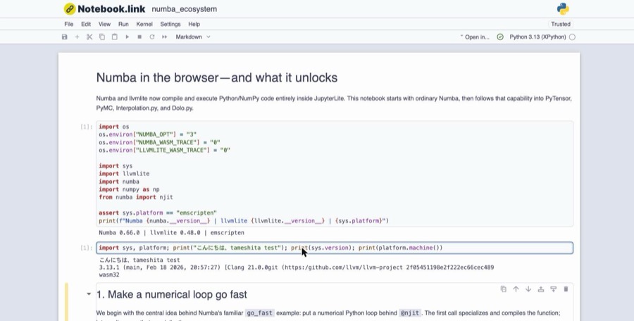 右上のカーネル表示が Python 3.13 (XPython)、右上に Trusted と出ていれば実行できる状態。