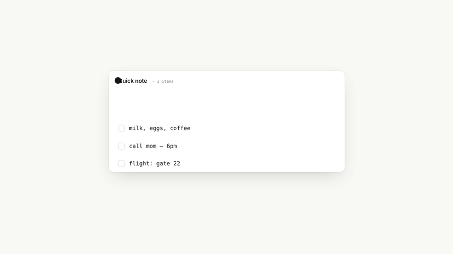 架空メモアプリ「Clearly」のメモカードの場面。インクの点がカードのタイトル文字に重なっている