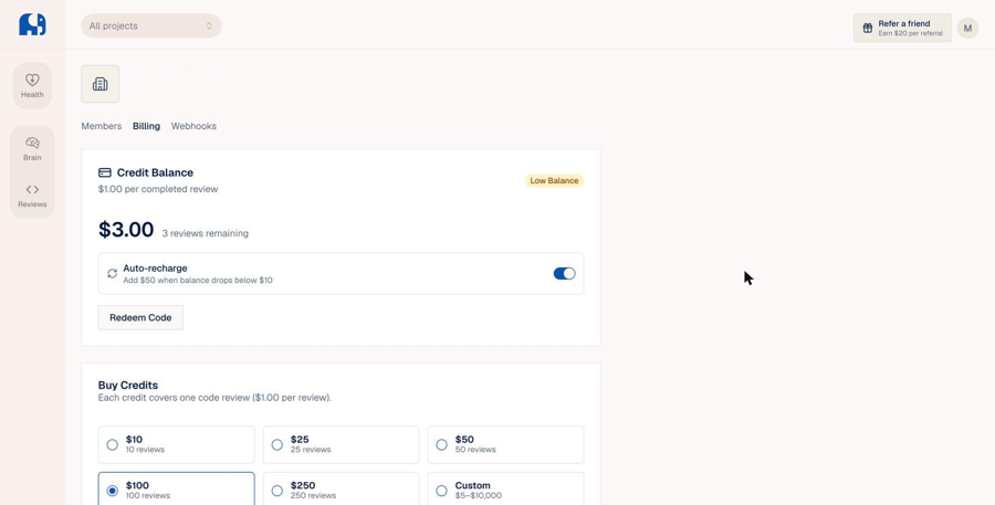 Billing の画面。Credit Balance が $3.00、3 reviews remaining。その下に Auto-recharge のスイッチがある