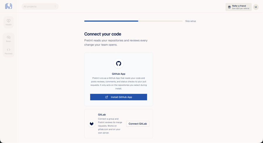 Connect your code の画面。GitHub App の説明と Install GitHub App のボタン、その下に GitLab の枠がある