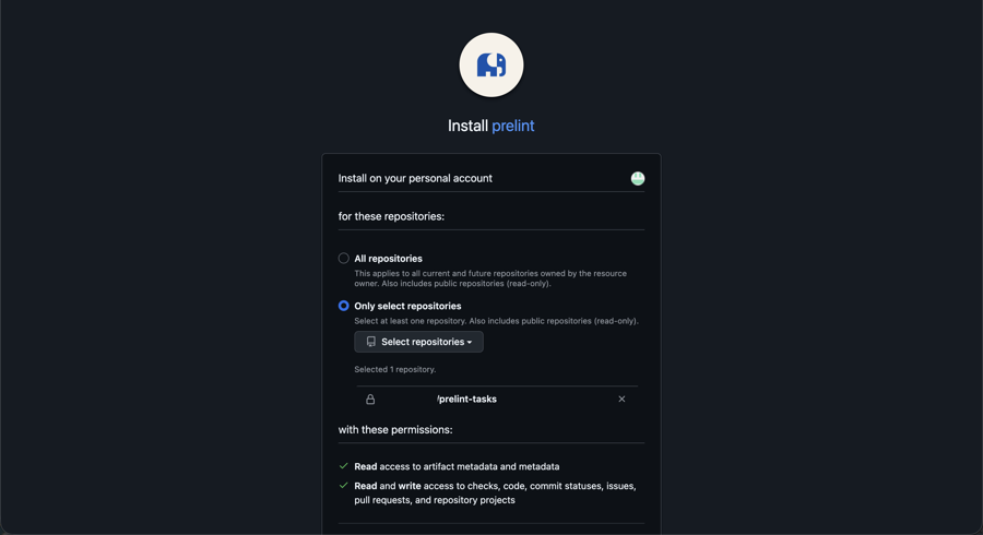 GitHub の Install prelint の画面。Only select repositories を選び、リポジトリを1つだけ選んだ状態