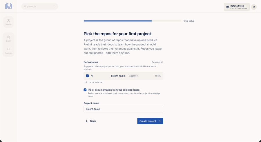 Pick the repos for your first project の画面。リポジトリに印が付き、その下に文書を読み込むチェックと、プロジェクト名の欄がある