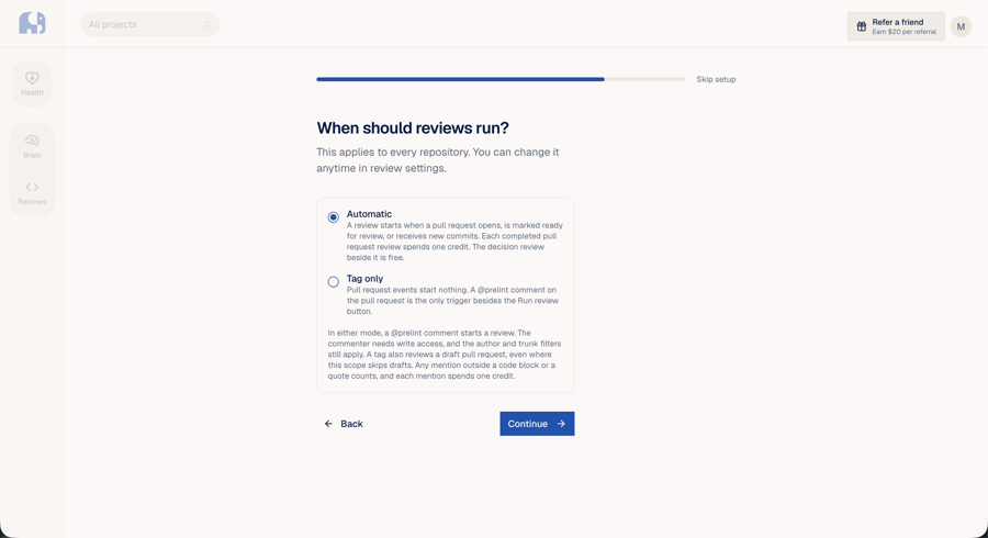 When should reviews run? の画面。Automatic に印が付き、その下に Tag only がある