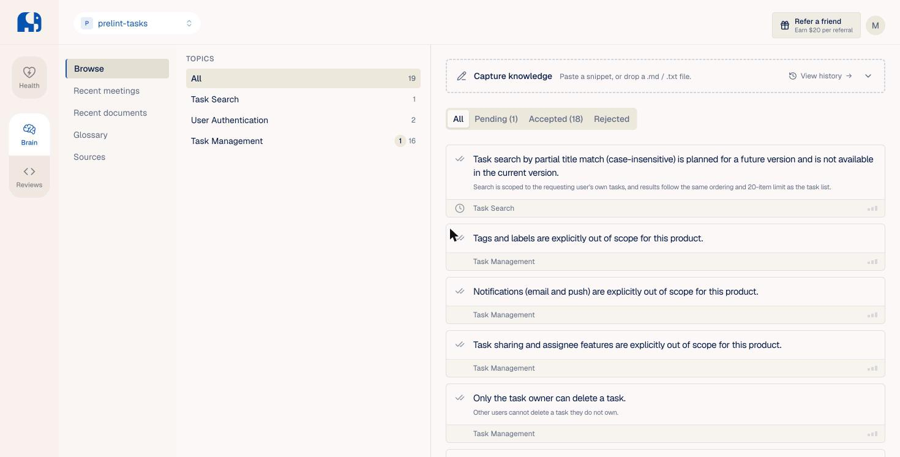 Brain の Browse の画面。Task Management などの話題ごとに、仕様書から取り出された決定事項が並ぶ