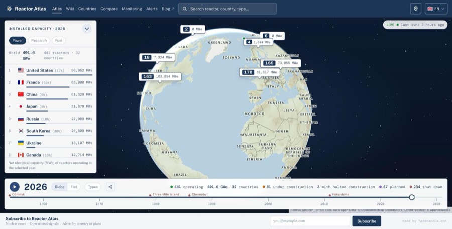 World 401.6 GWe、441 reactors · 32 countries と出て、下の帯に 441 operating と並ぶ。