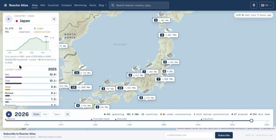 地図がその国に寄り、33 reactors のような基数と、発電に占める原子力の割合が出る。
