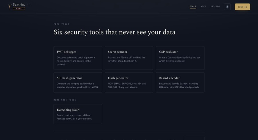 Six security tools that never see your data と出て、JWT debugger など7つが並ぶ。