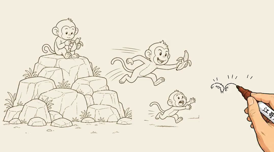 岩山と子ザル、逃げる大ザルまで描き終わり、子どもたちの手の動きを描いている途中の場面