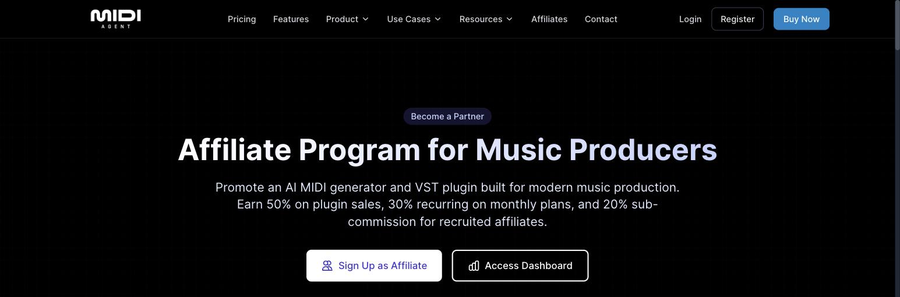 midiagent.com の申込ページ。報酬の説明と、申し込みのボタン