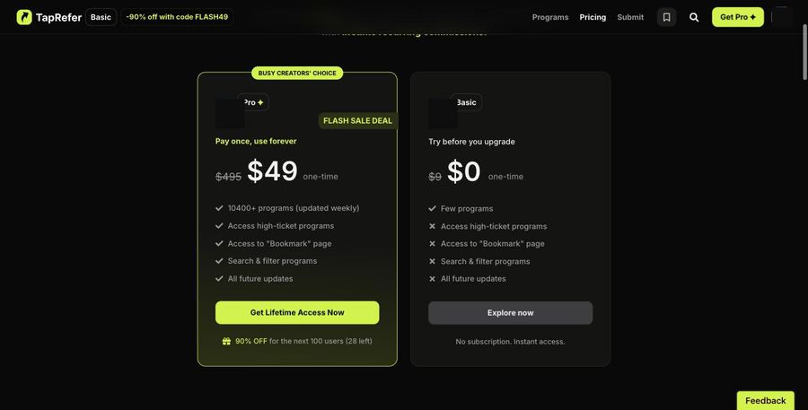 料金のページ。左に Pro の $49、右に Basic の $0 が並ぶ