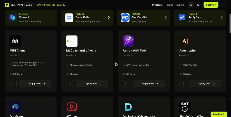 案件のカードが8枚。それぞれサービス名、報酬率、日数、Apply now のボタン