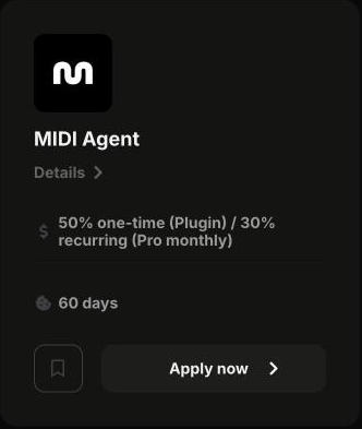 MIDI Agent のカードのアップ。報酬率の下に 60 days