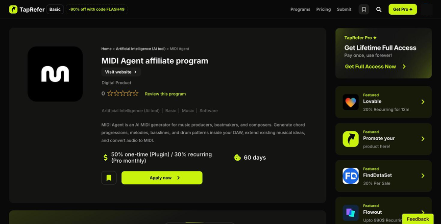 MIDI Agent の案件ページ。サービスの説明、報酬率、60 days、Apply now のボタン